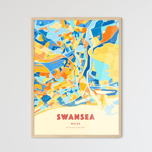 Colorful Swansea Wales Fine Art Map Blue Orange