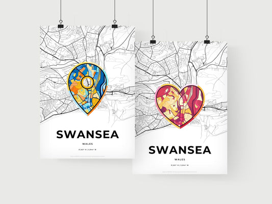 SWANSEA WALES minimal art map with a colorful icon. Where it all began, Couple map gift.