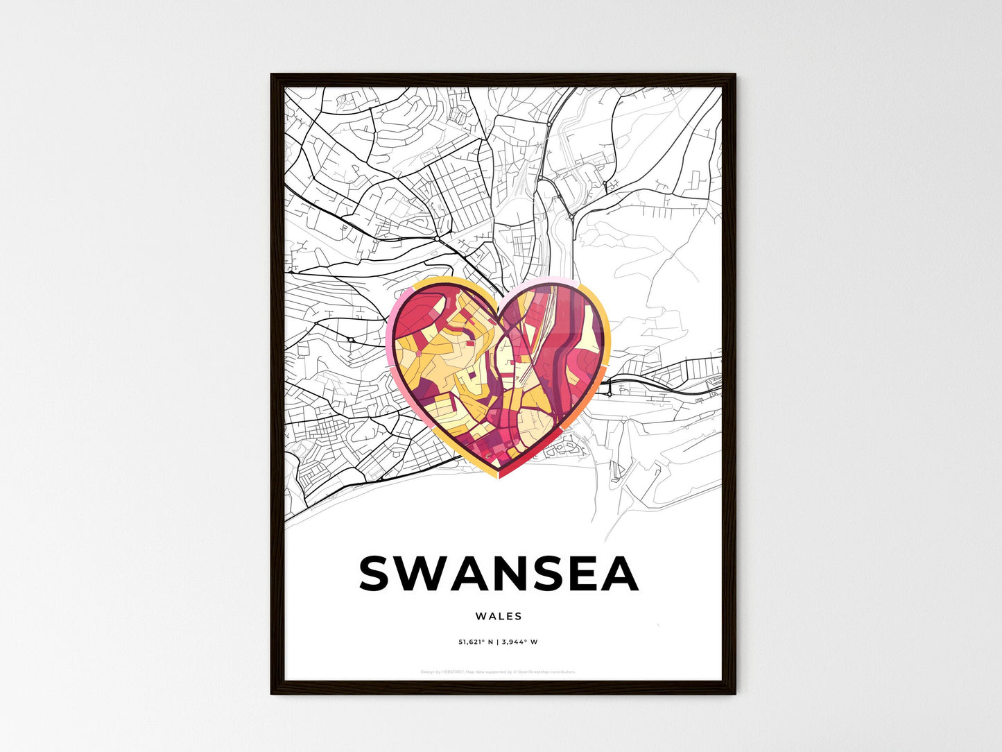 Swansea Wales wedding art map with heart icon