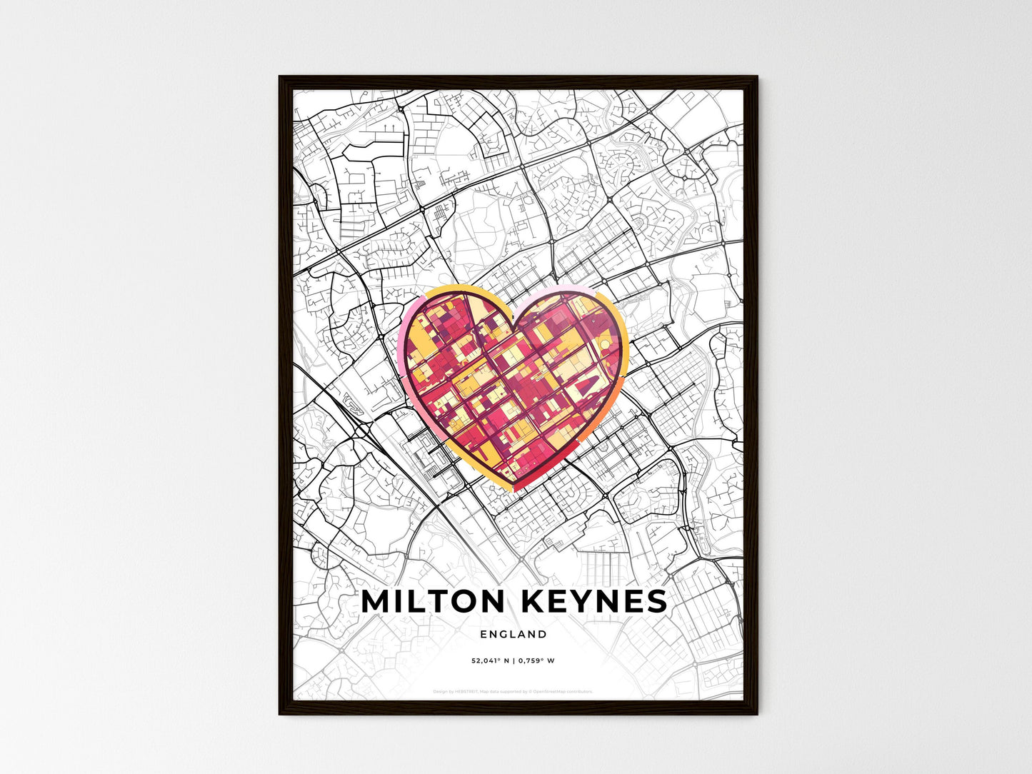 Milton Keynes England wedding art map with heart icon