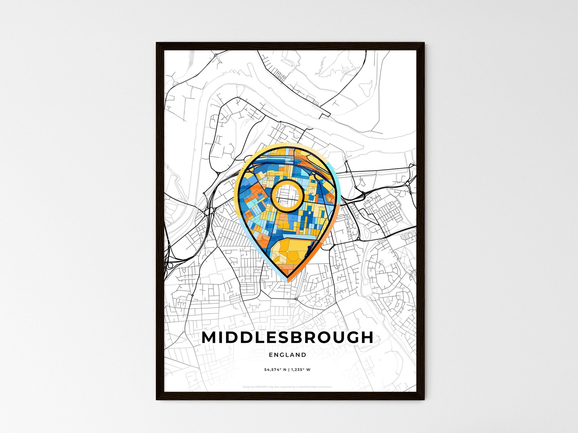 Middlesbrough England wedding art map with pointer icon