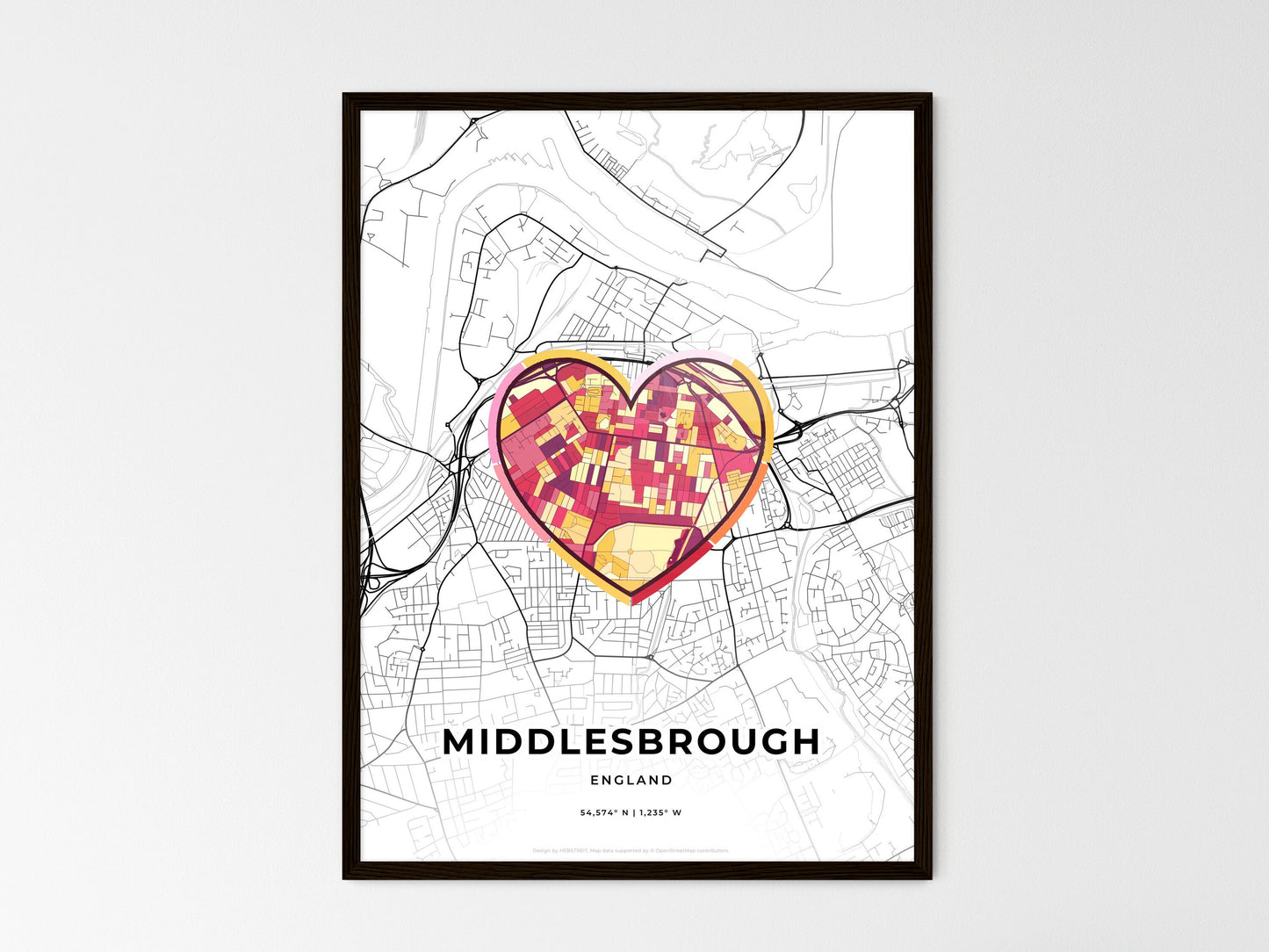 Middlesbrough England wedding art map with heart icon