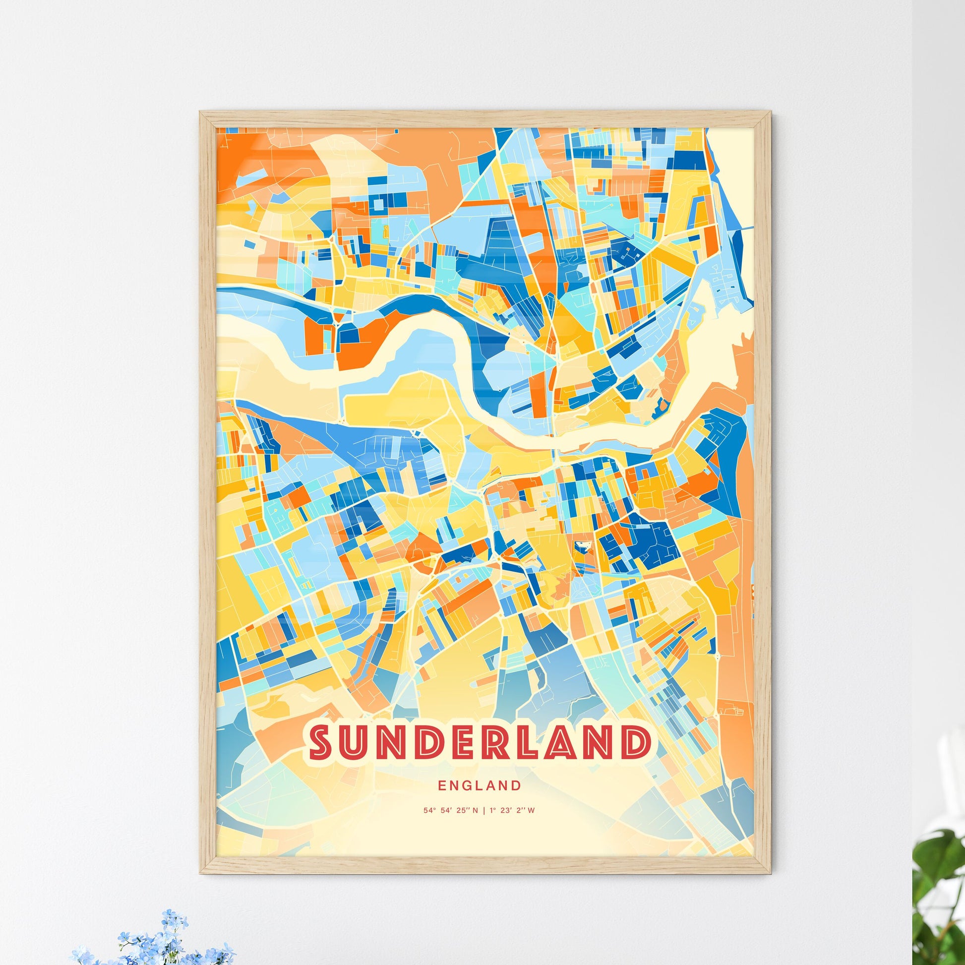 Colorful Sunderland England Fine Art Map Blue Orange