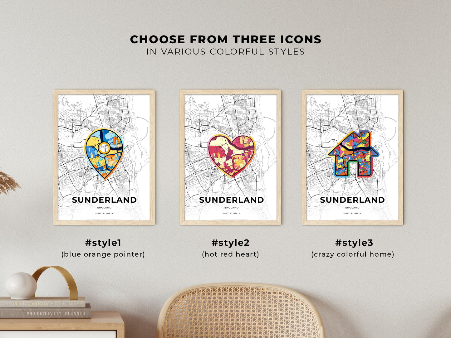 Sunderland England maps with colorful icons