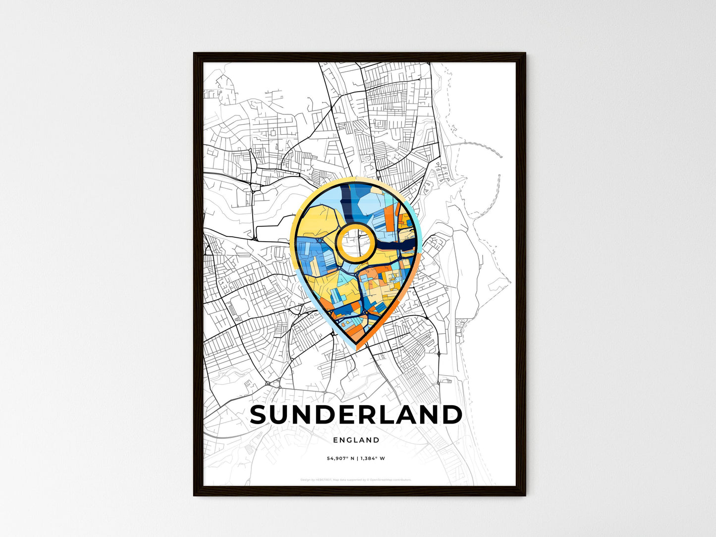Sunderland England wedding art map with pointer icon