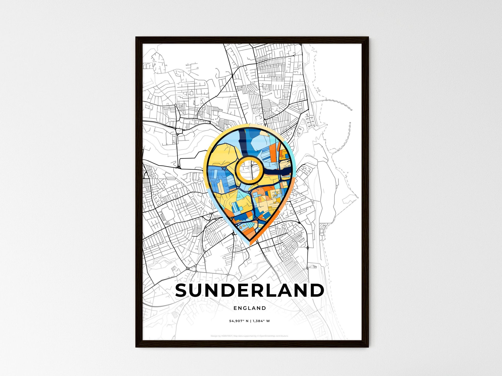 Sunderland England wedding art map with pointer icon