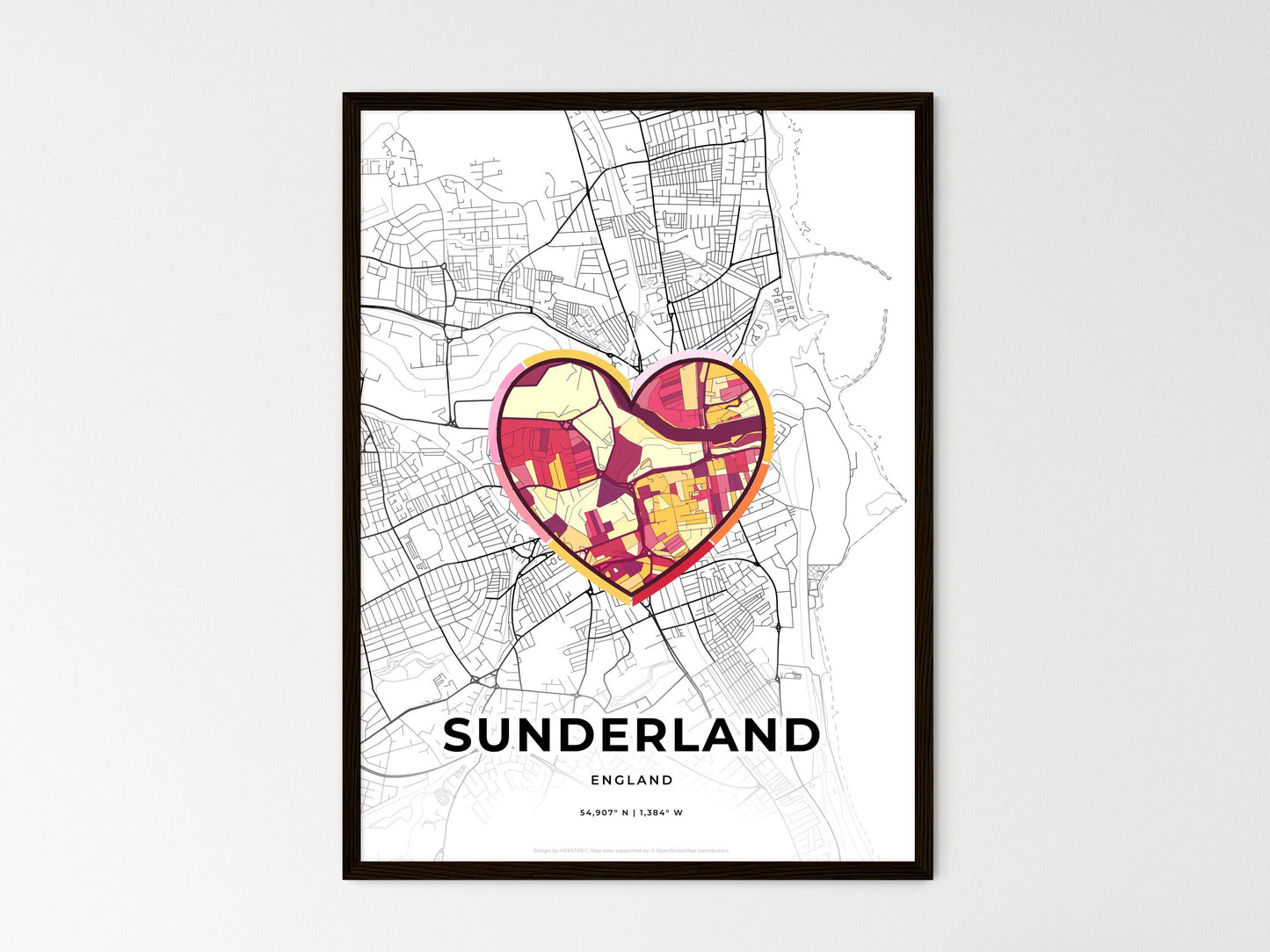 Sunderland England wedding art map with heart icon