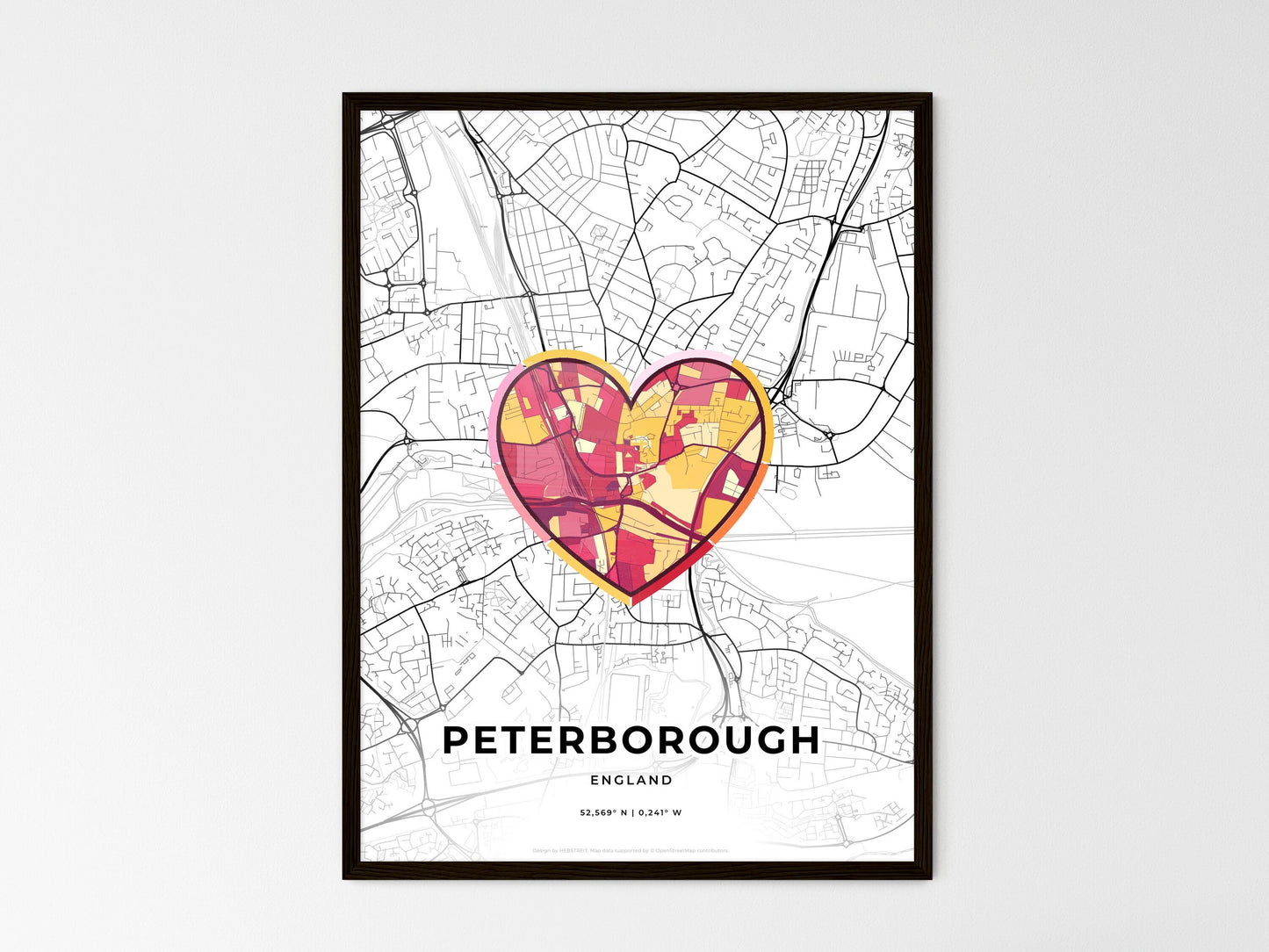 Peterborough England wedding art map with heart icon