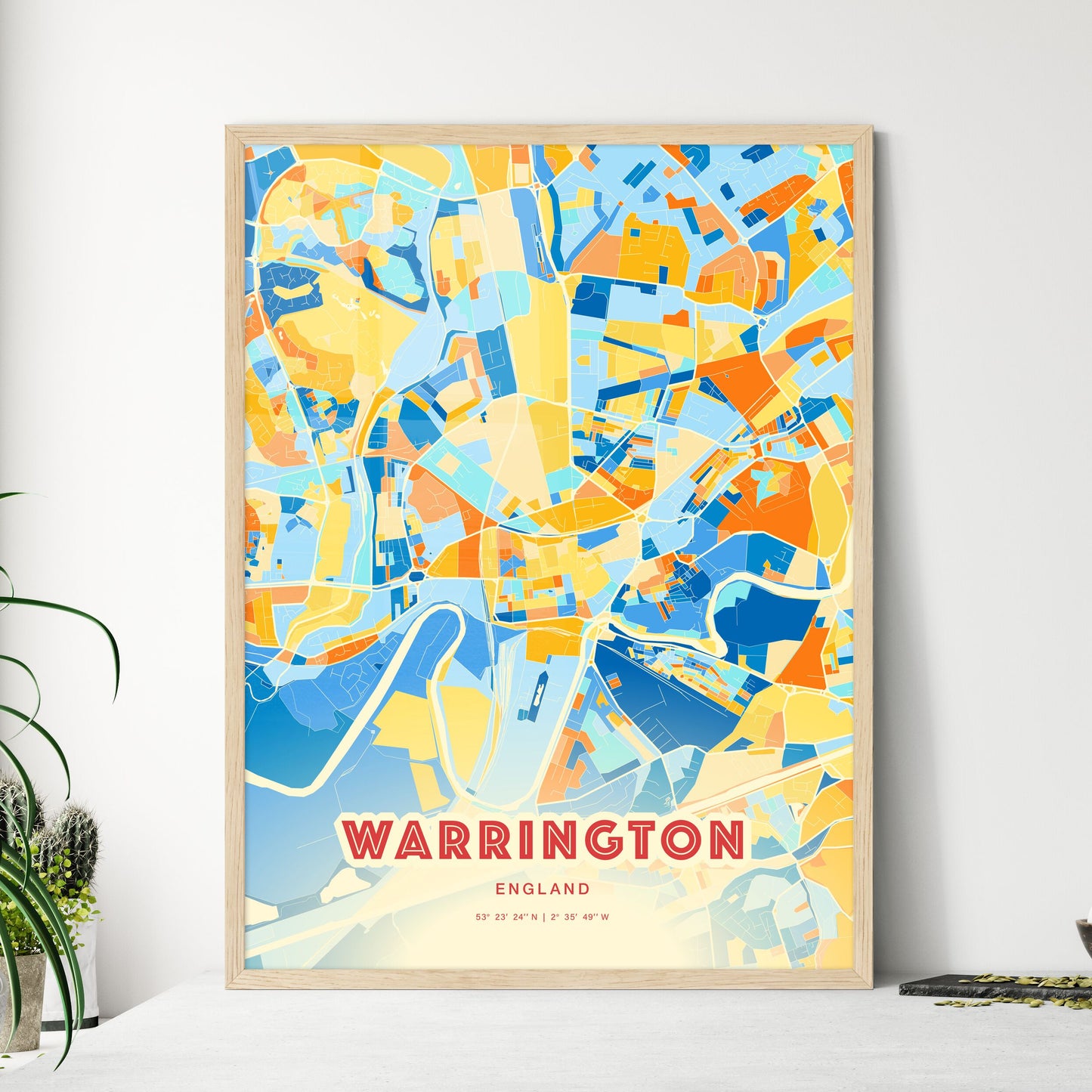 Colorful Warrington England Fine Art Map Blue Orange