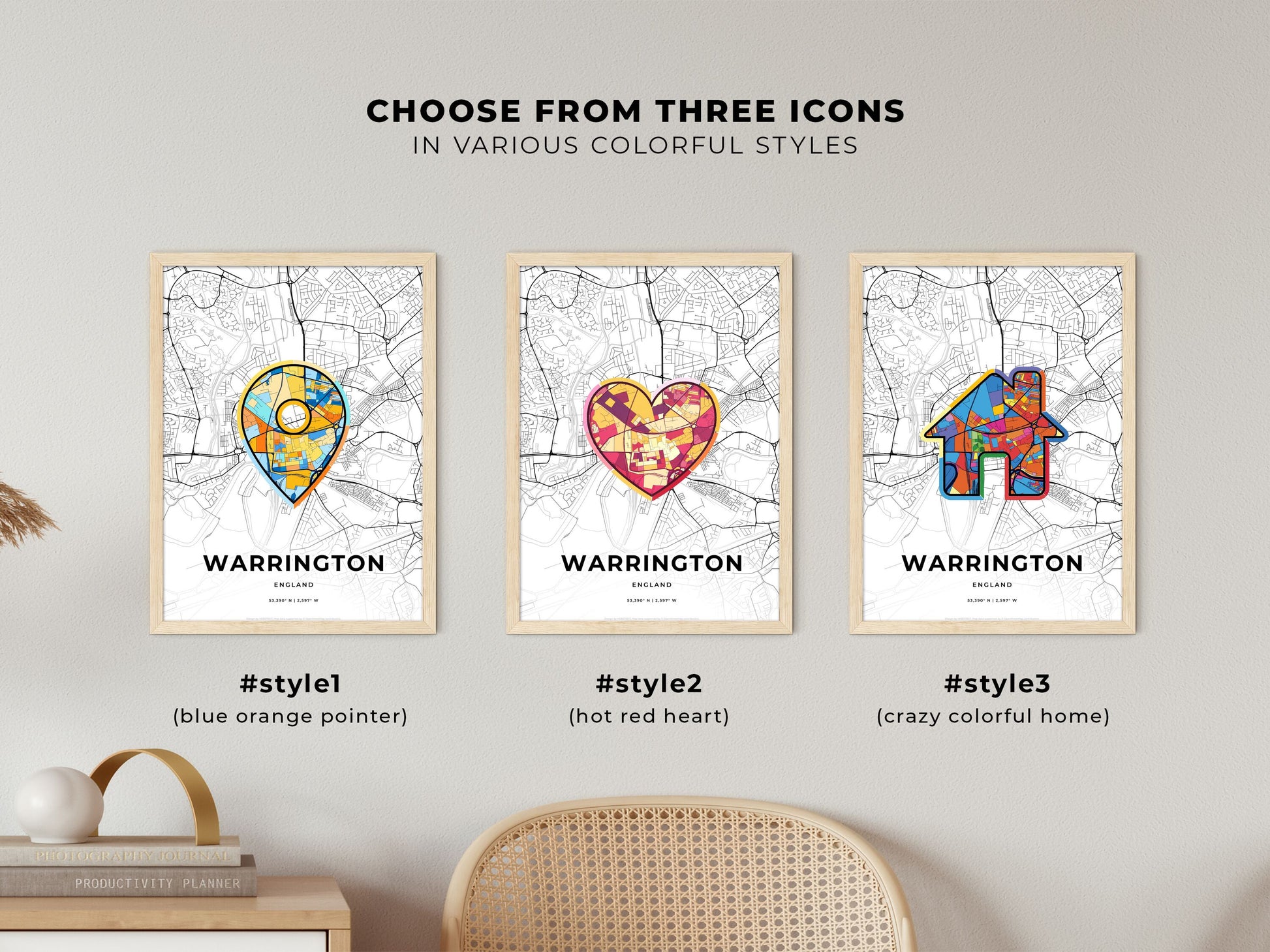 Warrington England maps with colorful icons