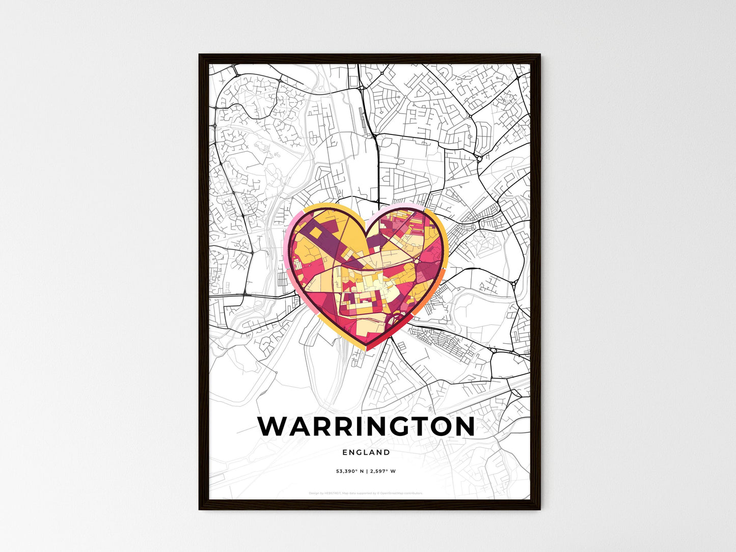 Warrington England wedding art map with heart icon