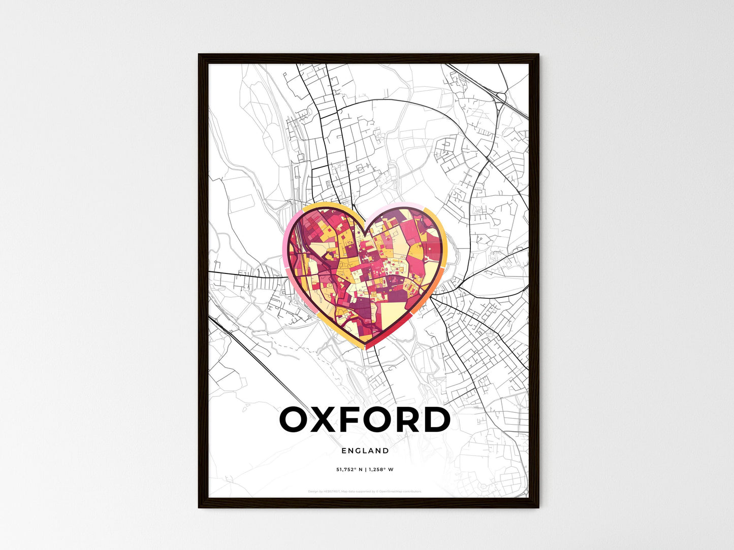 Oxford England wedding art map with heart icon