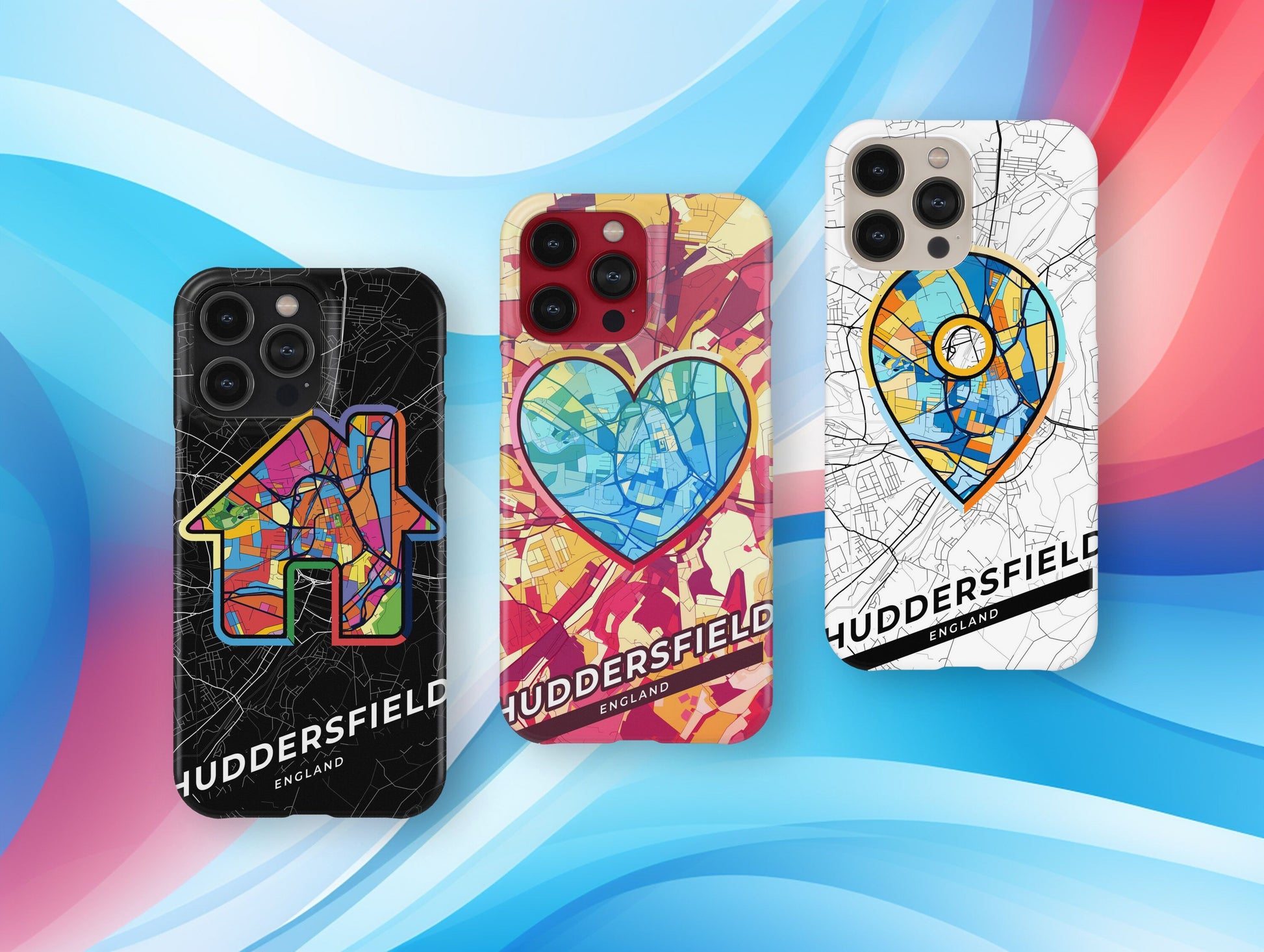 Huddersfield England slim phone case with colorful icon. Birthday, wedding or housewarming gift. Couple match cases.