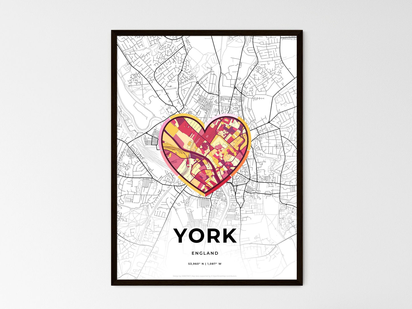 York England wedding art map with heart icon