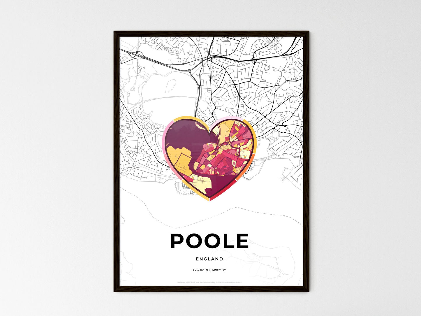Poole England wedding art map with heart icon