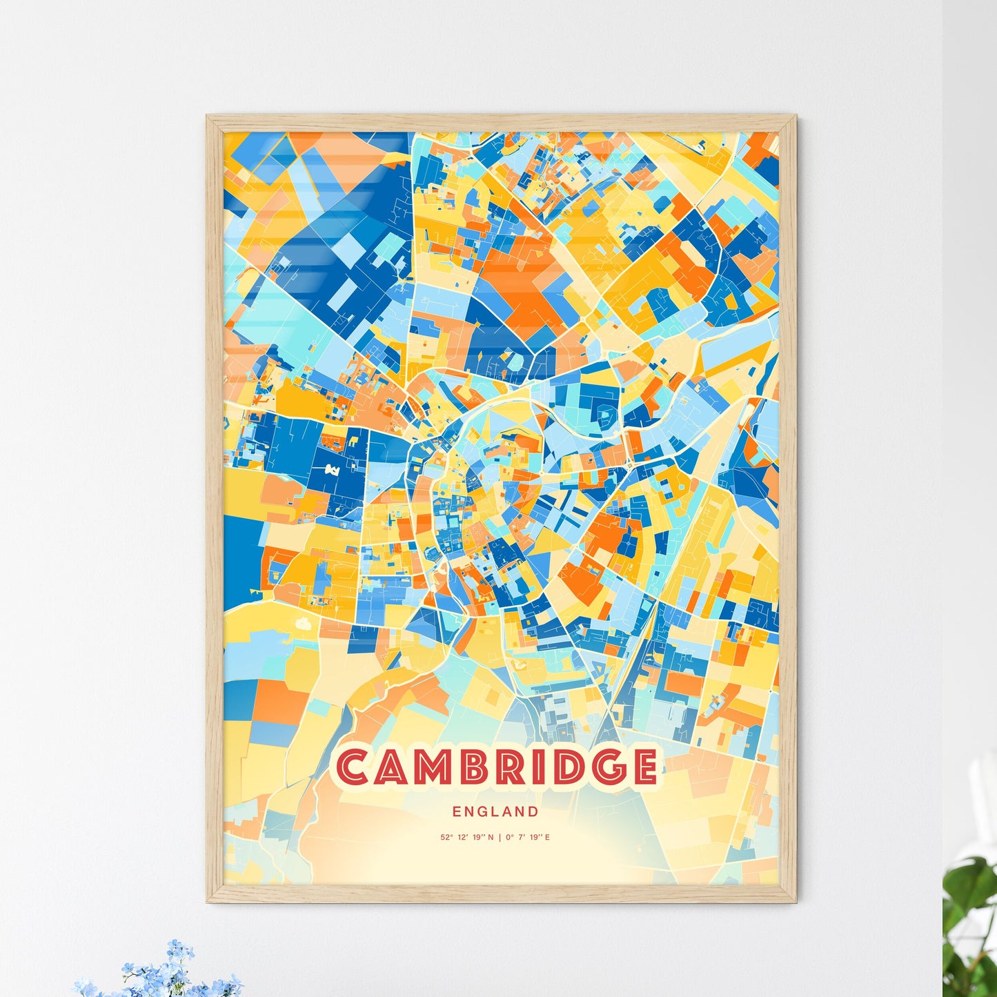 Colorful Cambridge England Fine Art Map Blue Orange