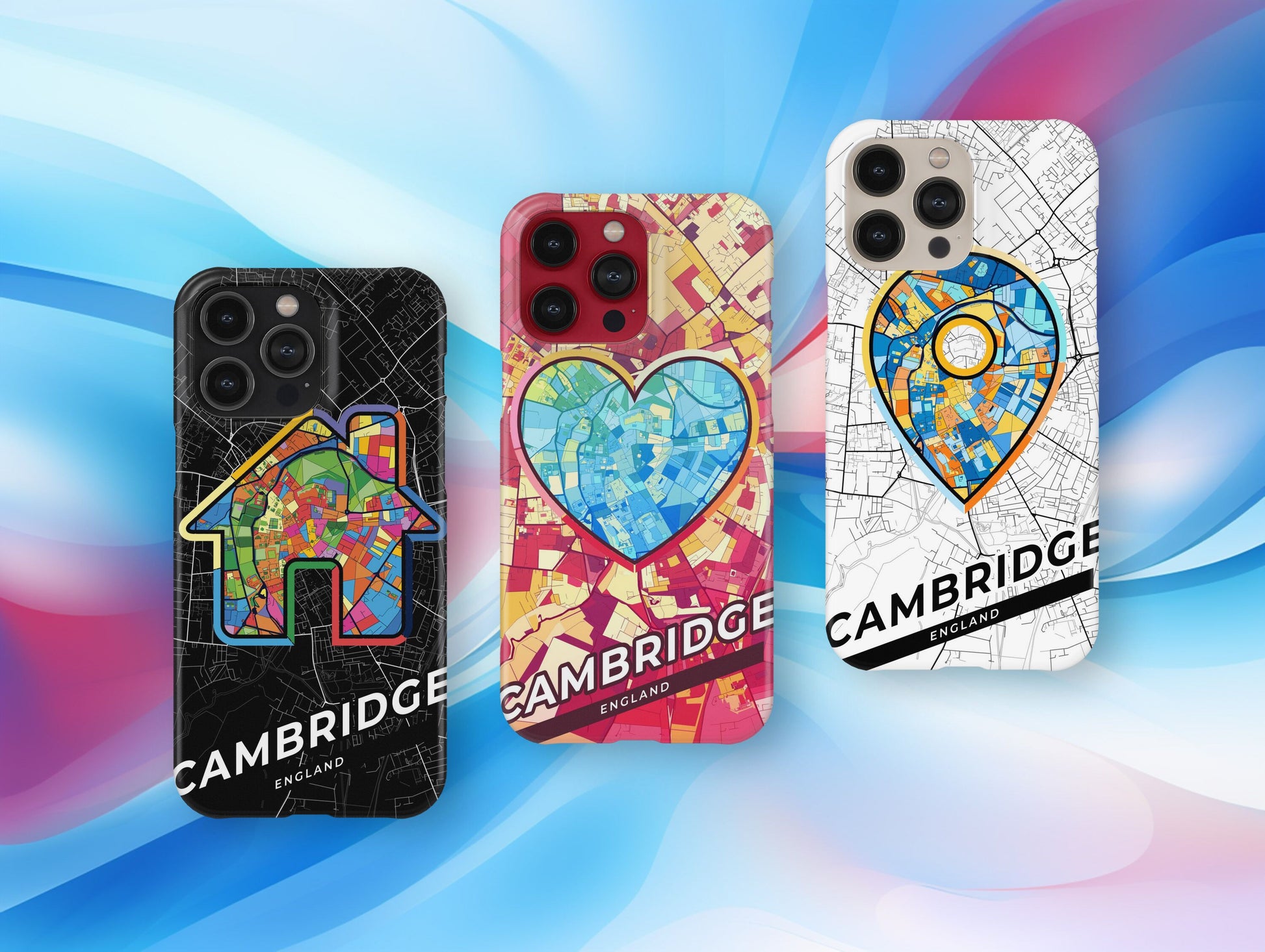 Cambridge England slim phone case with colorful icon. Birthday, wedding or housewarming gift. Couple match cases.