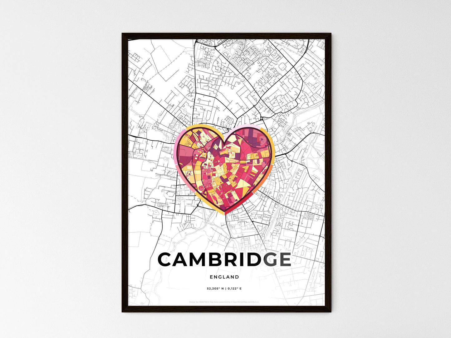 Cambridge England wedding art map with heart icon