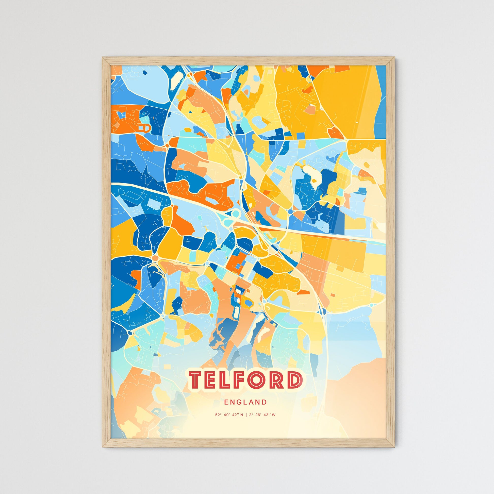 Colorful Telford England Fine Art Map Blue Orange