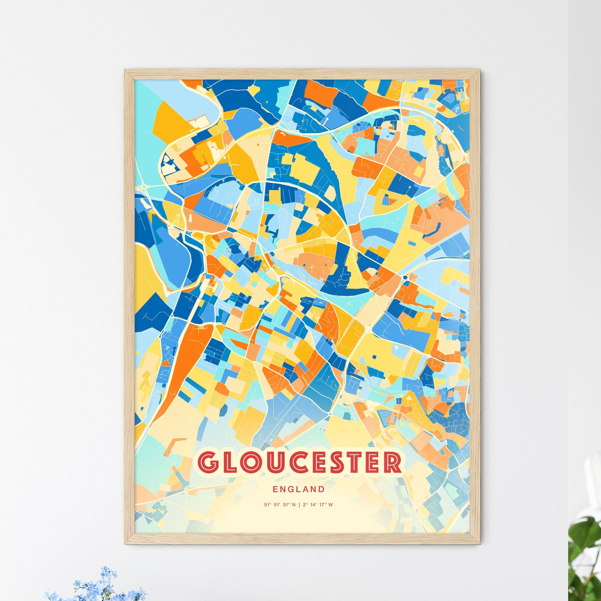 Colorful Gloucester England Fine Art Map Blue Orange