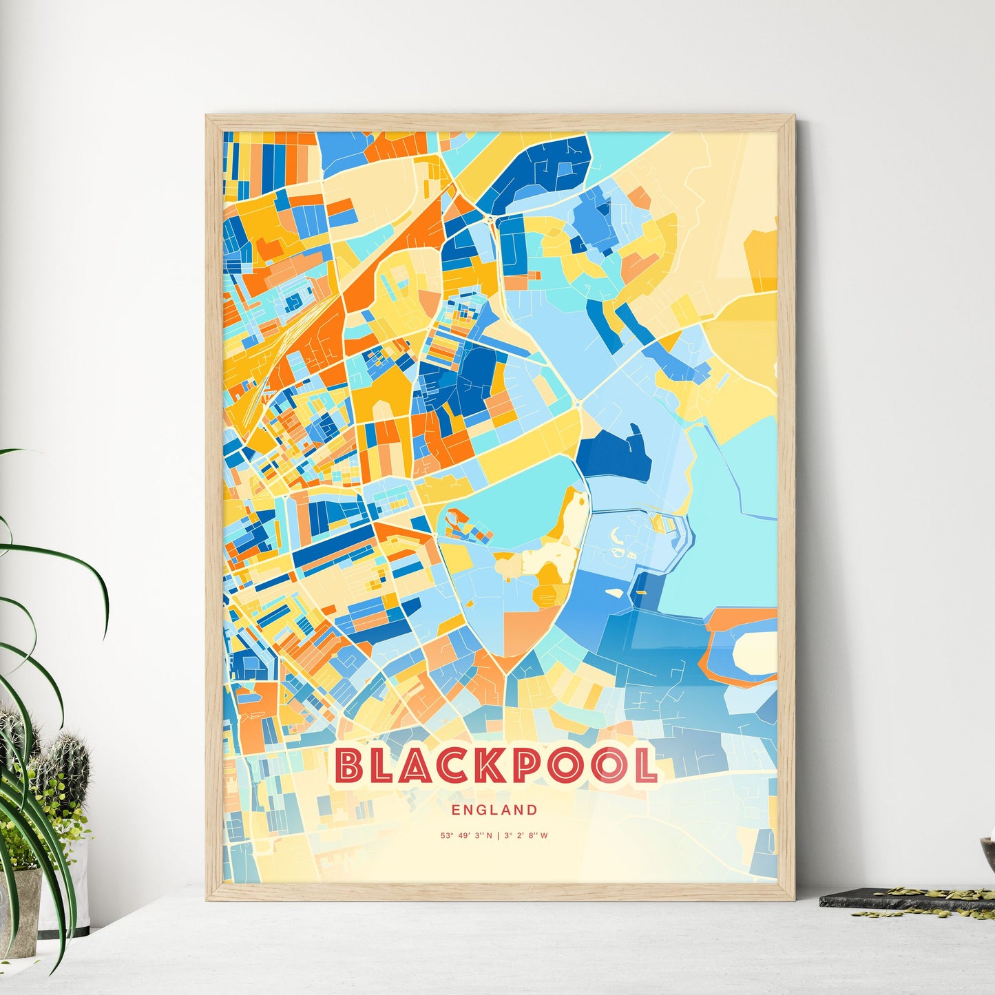 Colorful Blackpool England Fine Art Map Blue Orange