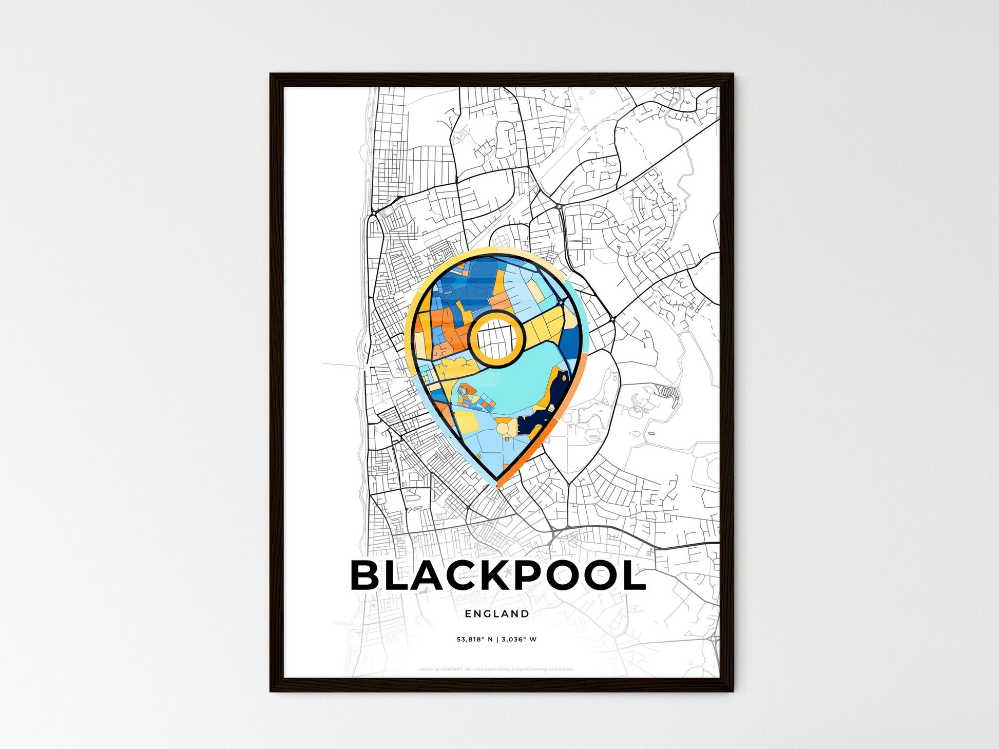 Blackpool England wedding art map with pointer icon