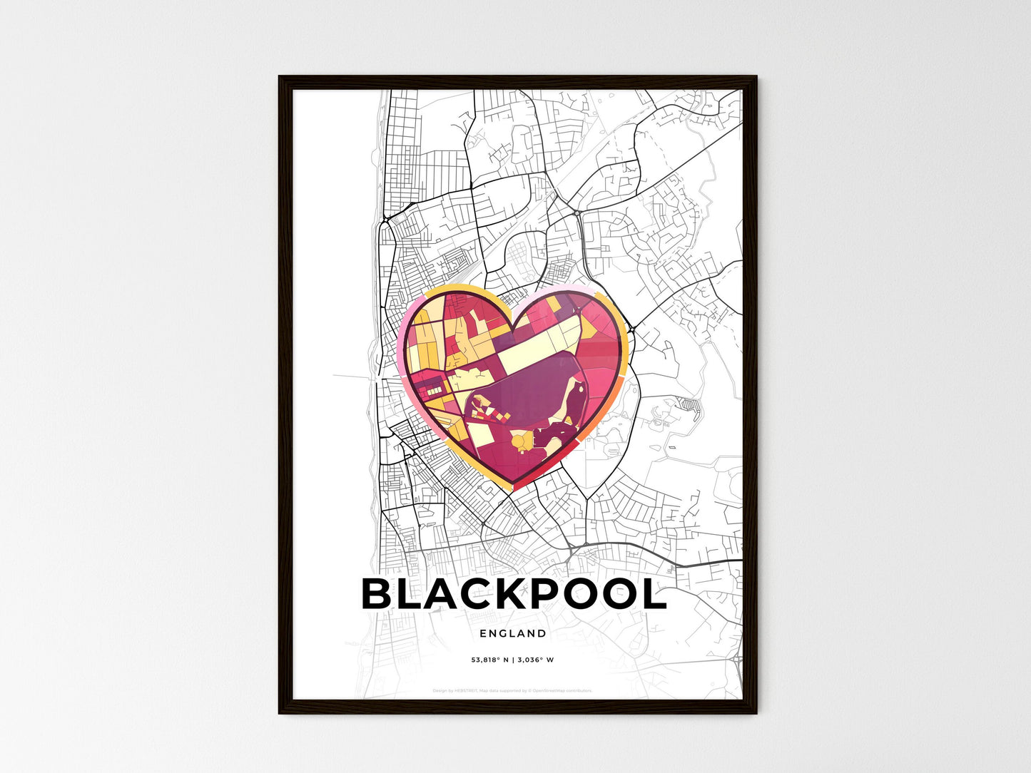 Blackpool England wedding art map with heart icon