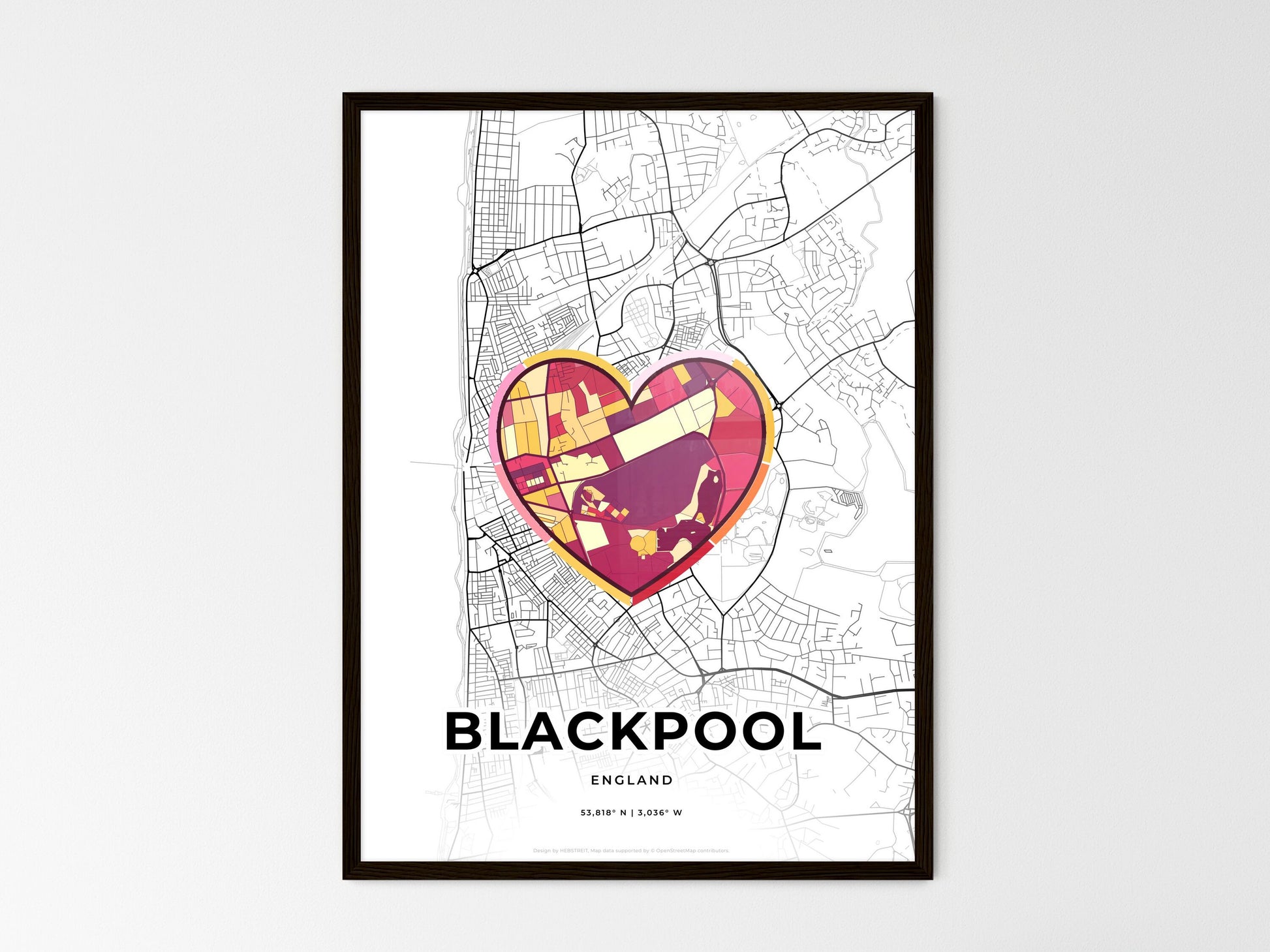 Blackpool England wedding art map with heart icon