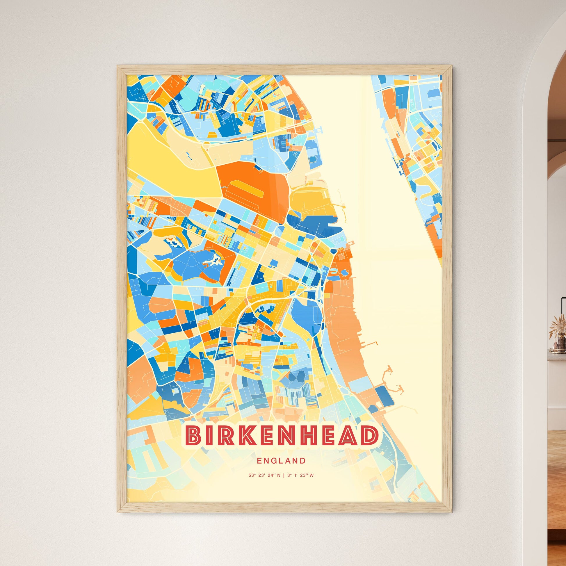 Colorful Birkenhead England Fine Art Map Blue Orange