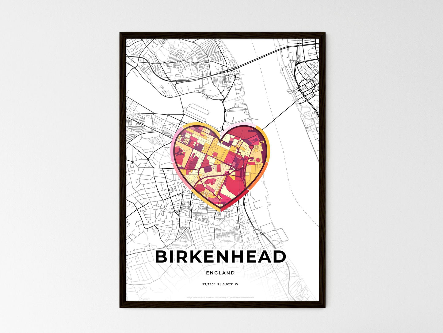 Birkenhead England wedding art map with heart icon