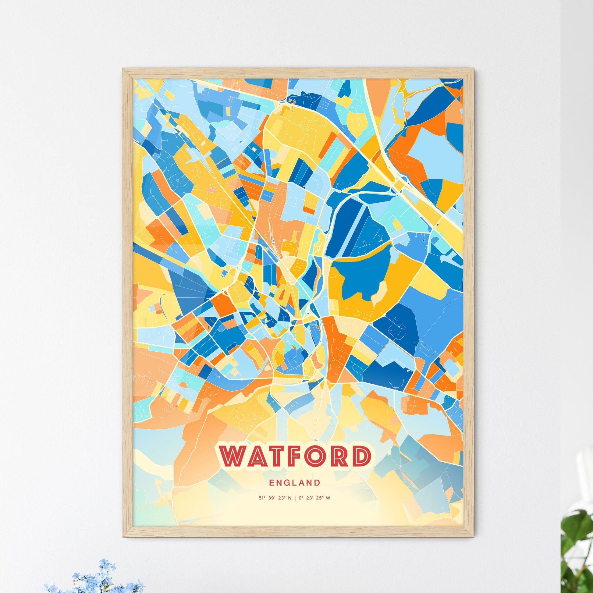 Colorful Watford England Fine Art Map Blue Orange