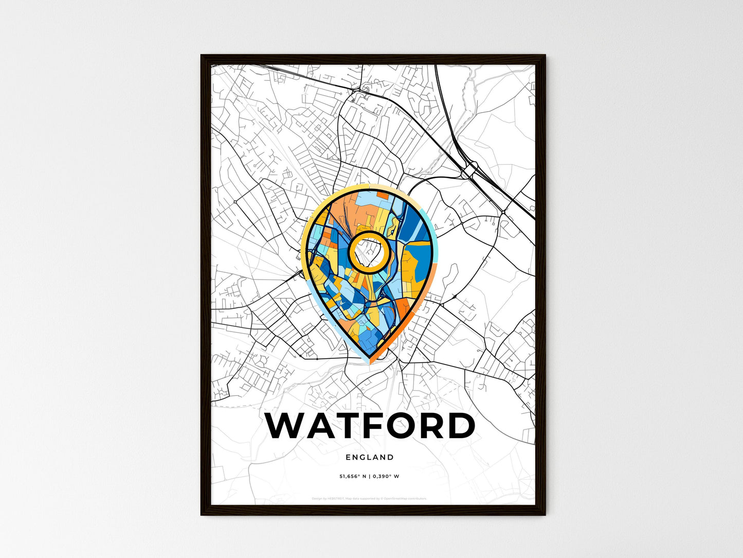 Watford England wedding art map with pointer icon