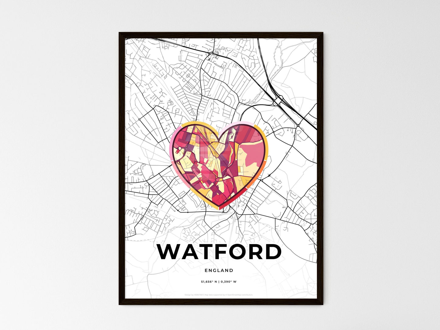 Watford England wedding art map with heart icon