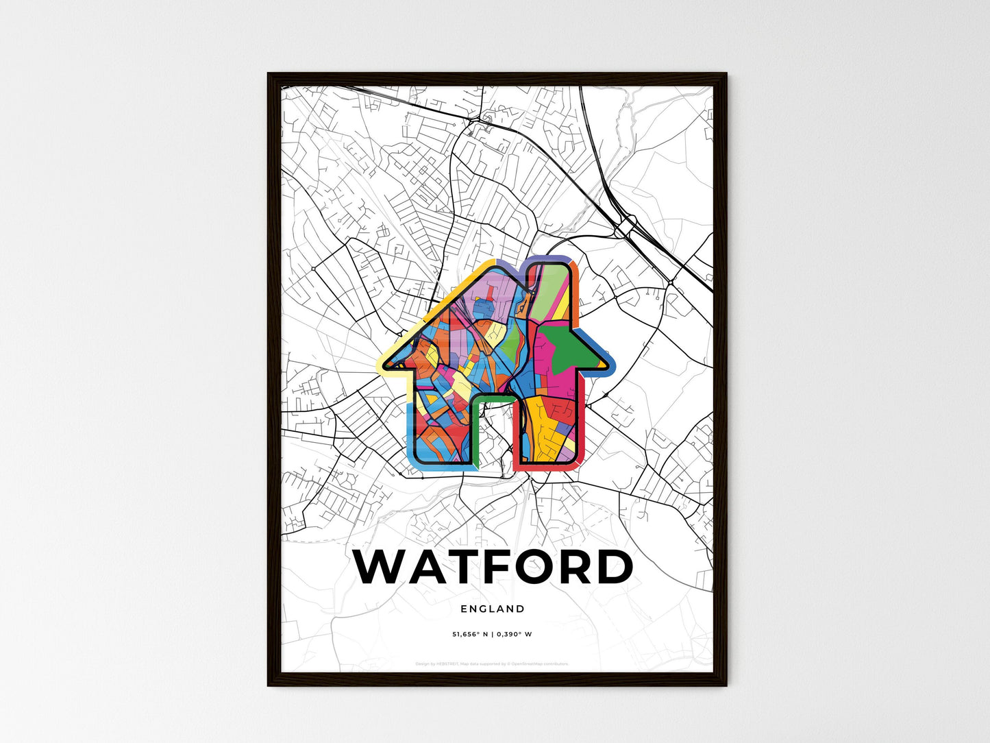 Watford England wedding art map with home icon