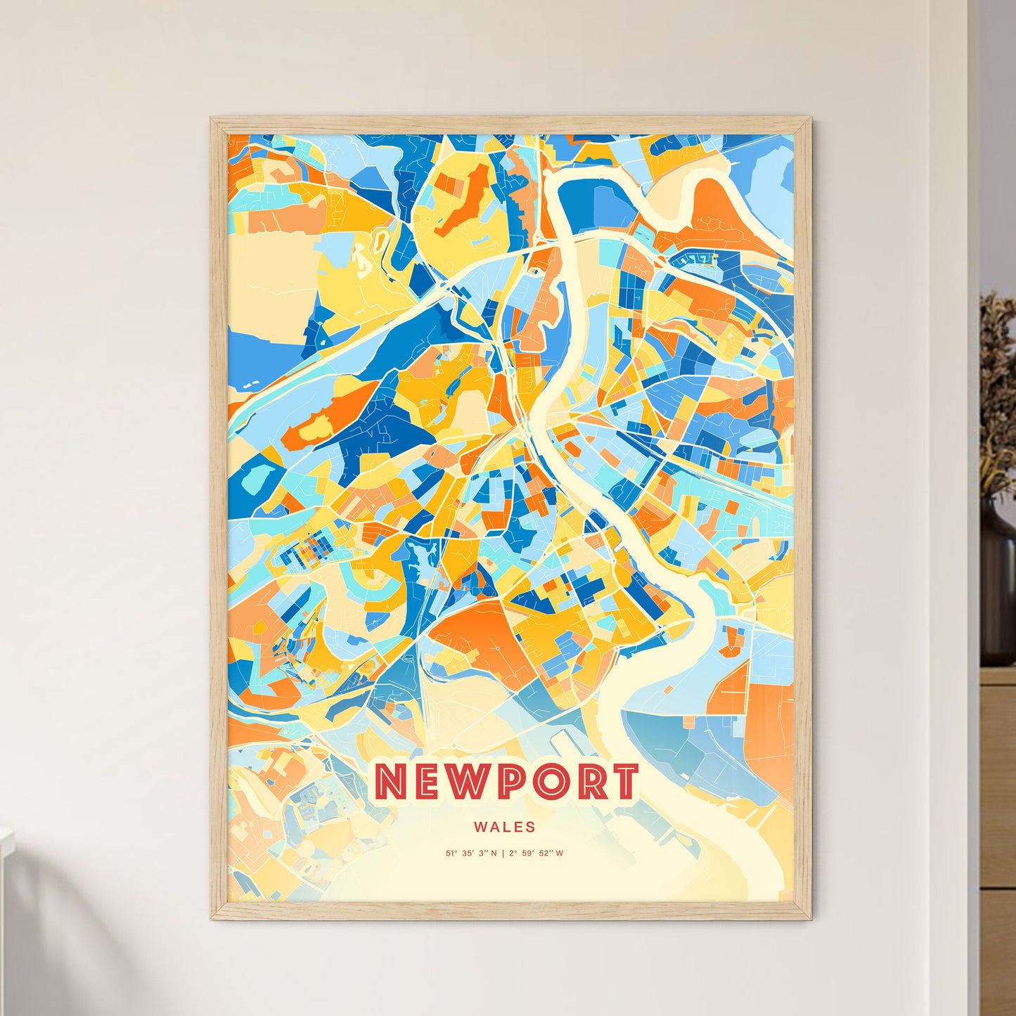 Colorful Newport Wales Fine Art Map Blue Orange