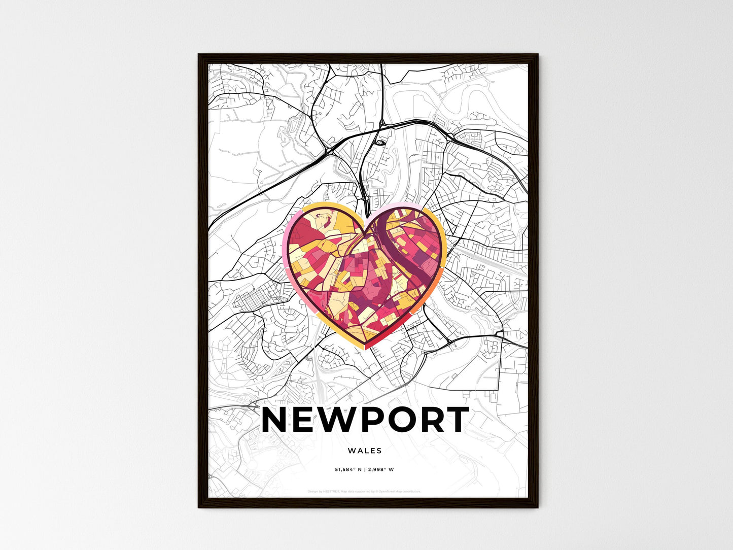 Newport Wales wedding art map with heart icon