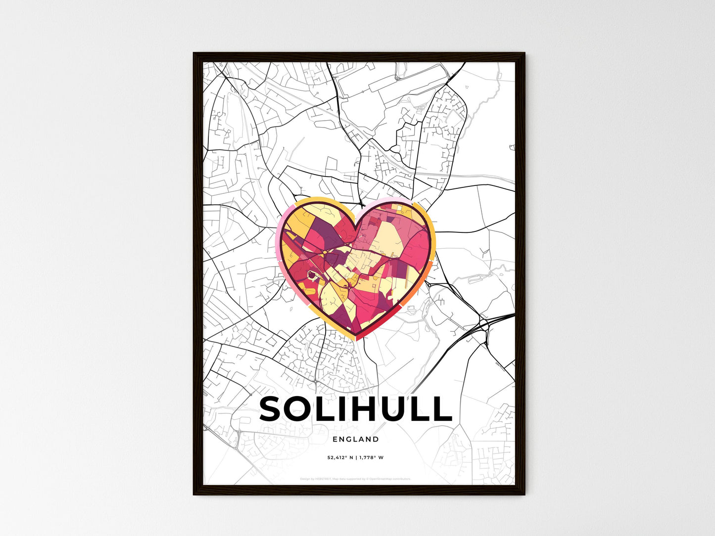 Solihull England wedding art map with heart icon