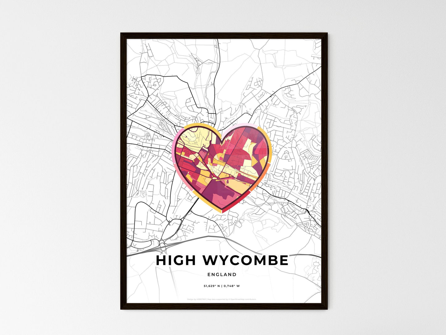 High Wycombe England wedding art map with heart icon