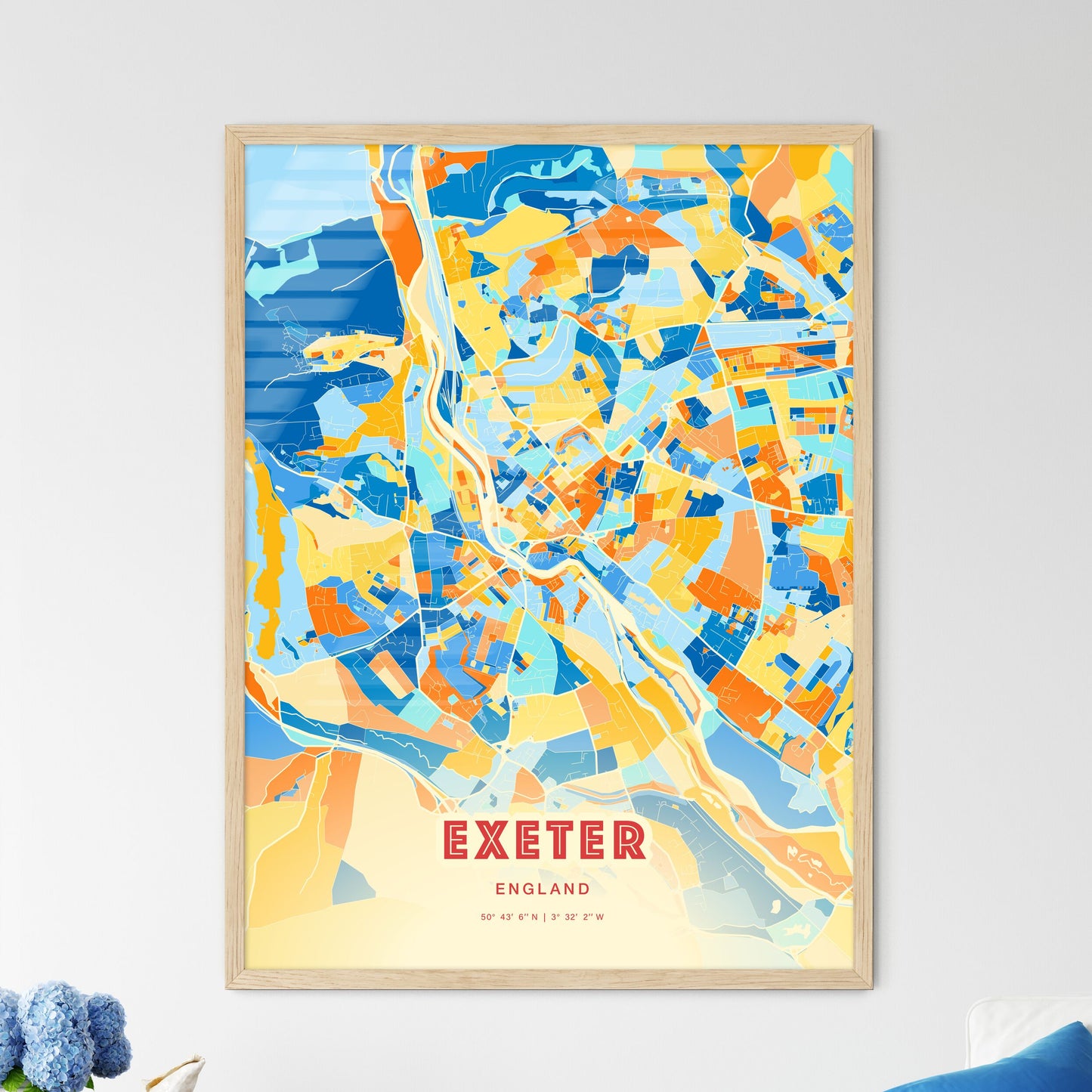 Colorful Exeter England Fine Art Map Blue Orange