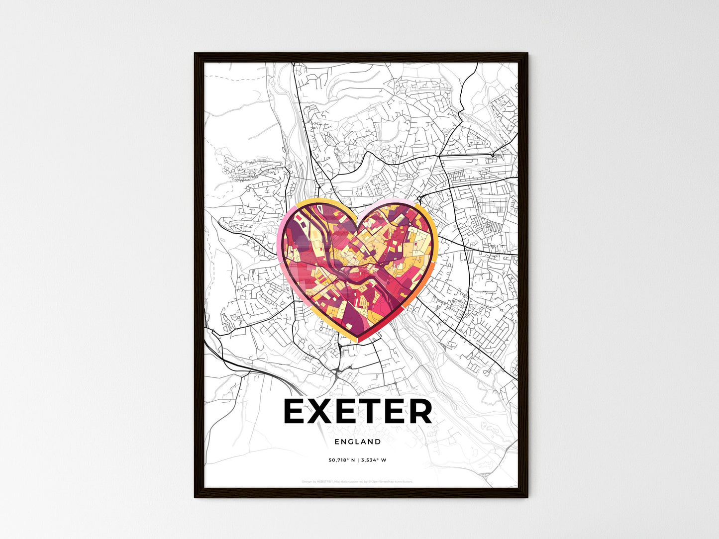 Exeter England wedding art map with heart icon