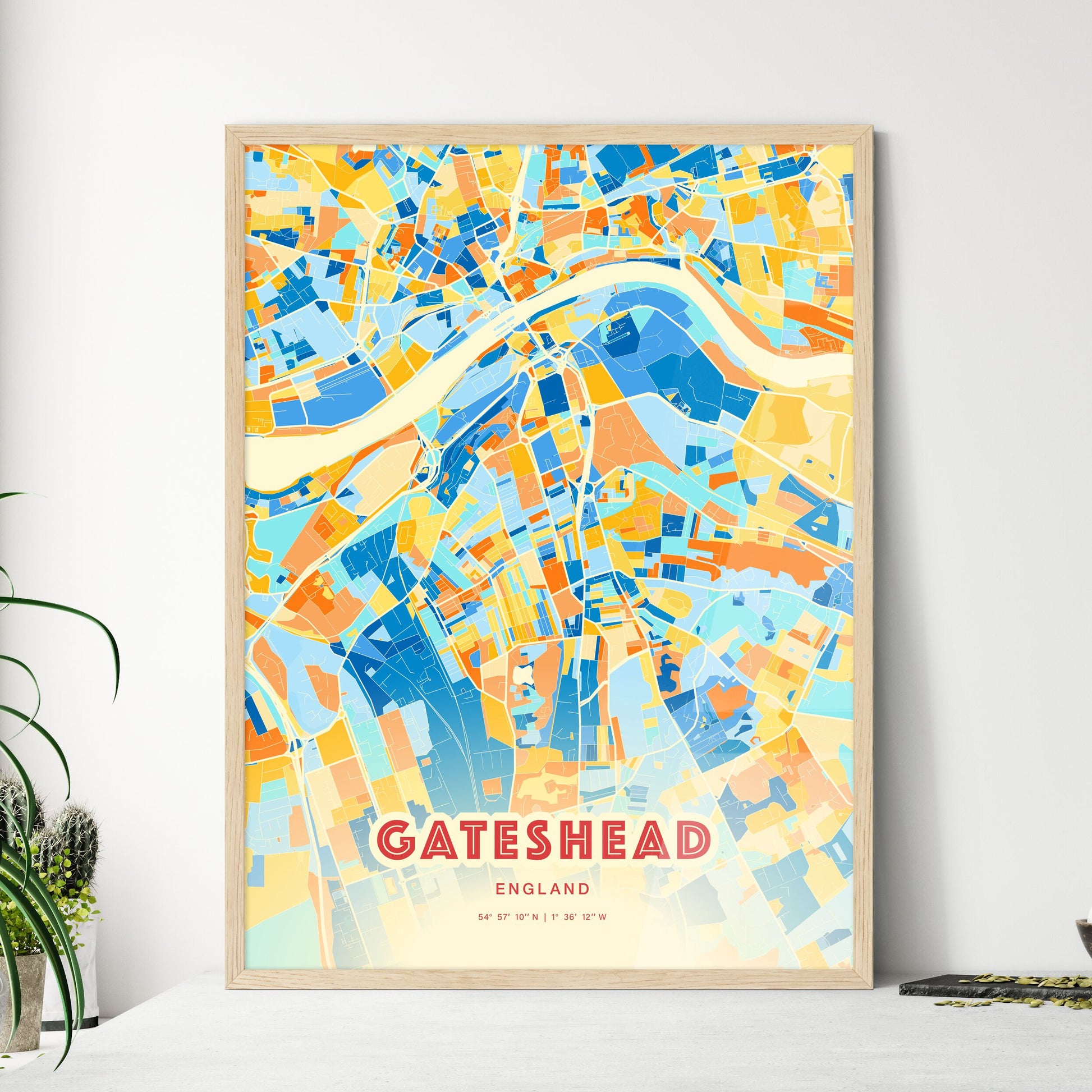 Colorful Gateshead England Fine Art Map Blue Orange