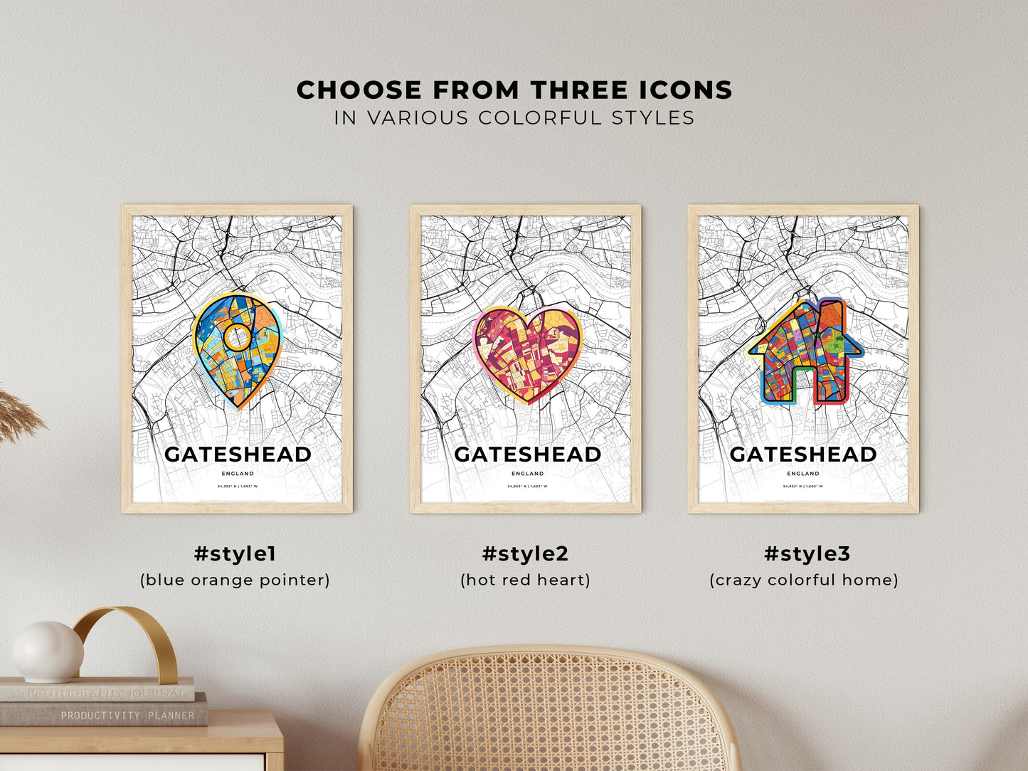 Gateshead England maps with colorful icons