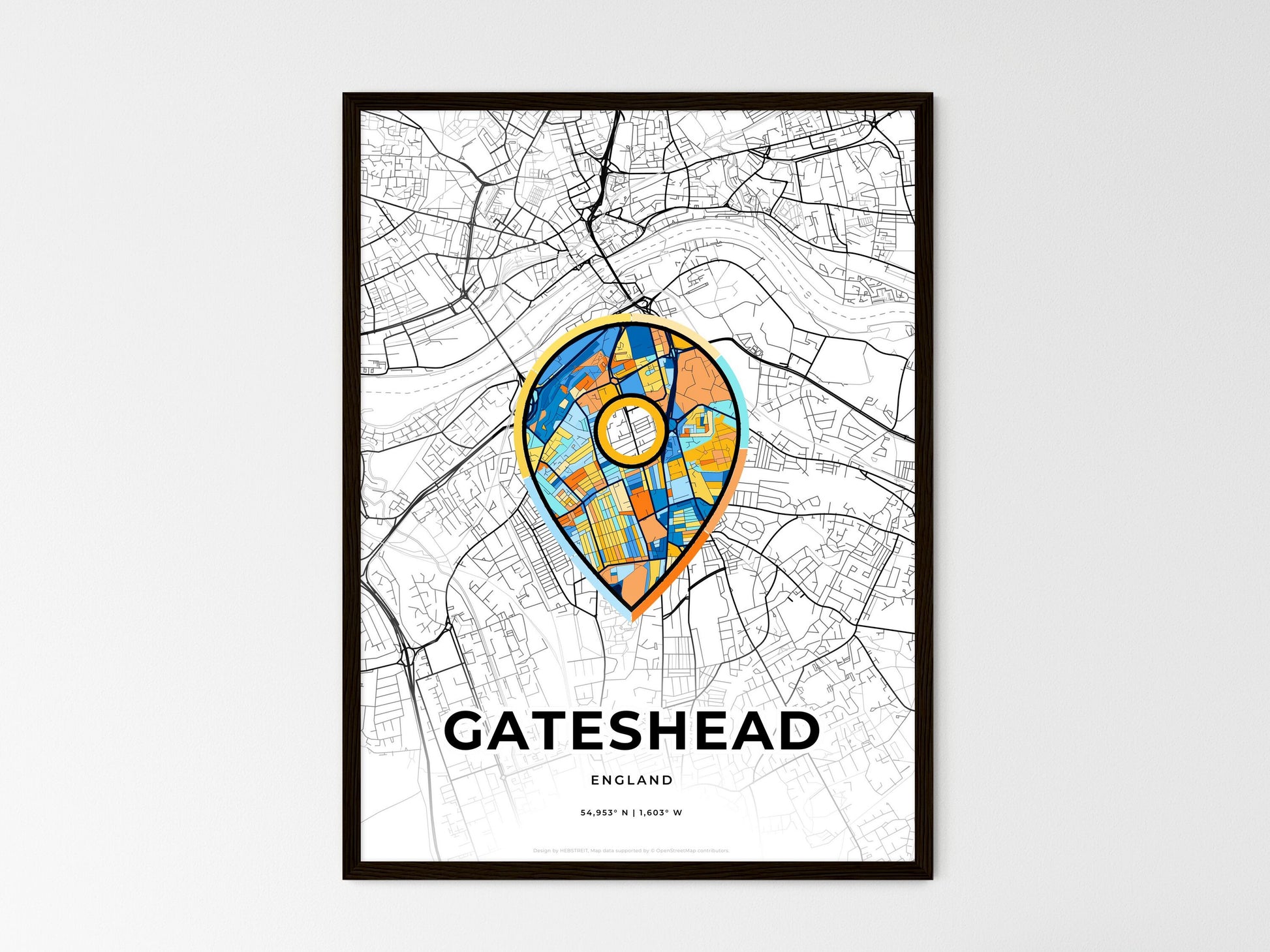 Gateshead England wedding art map with pointer icon