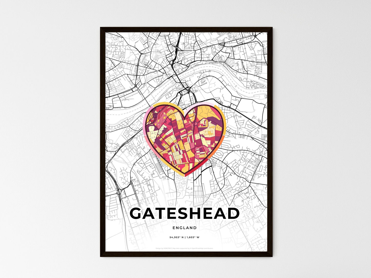 Gateshead England wedding art map with heart icon