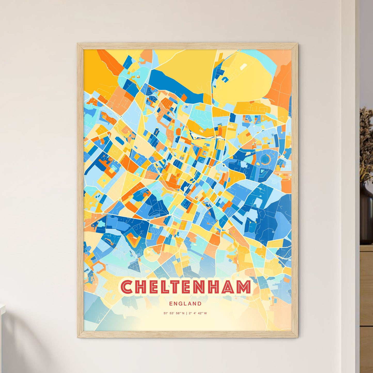 Colorful Cheltenham England Fine Art Map Blue Orange