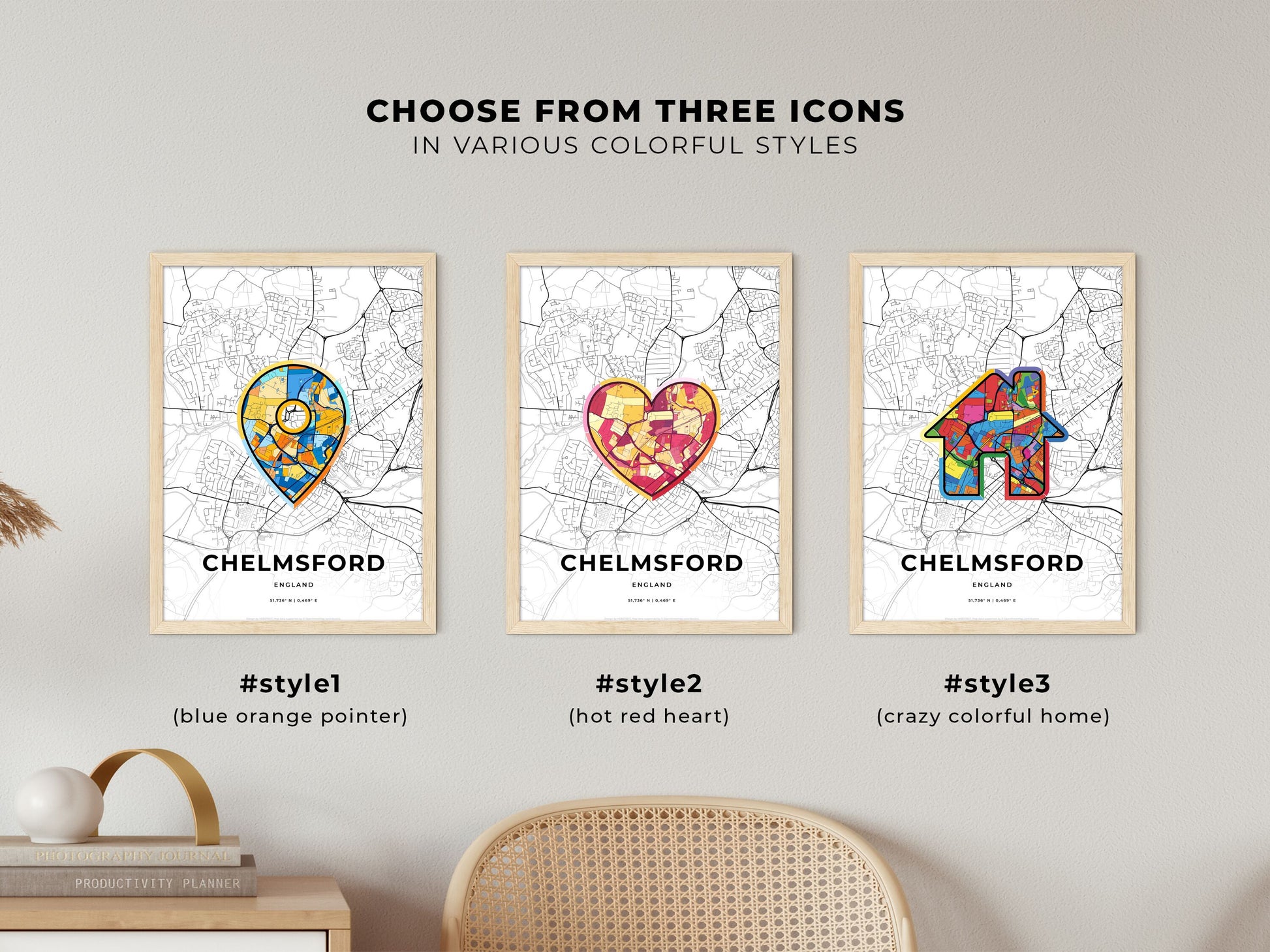 Chelmsford England maps with colorful icons