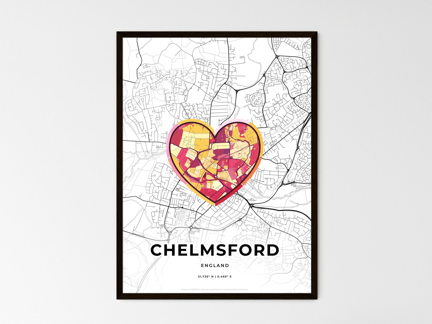 Chelmsford England wedding art map with heart icon