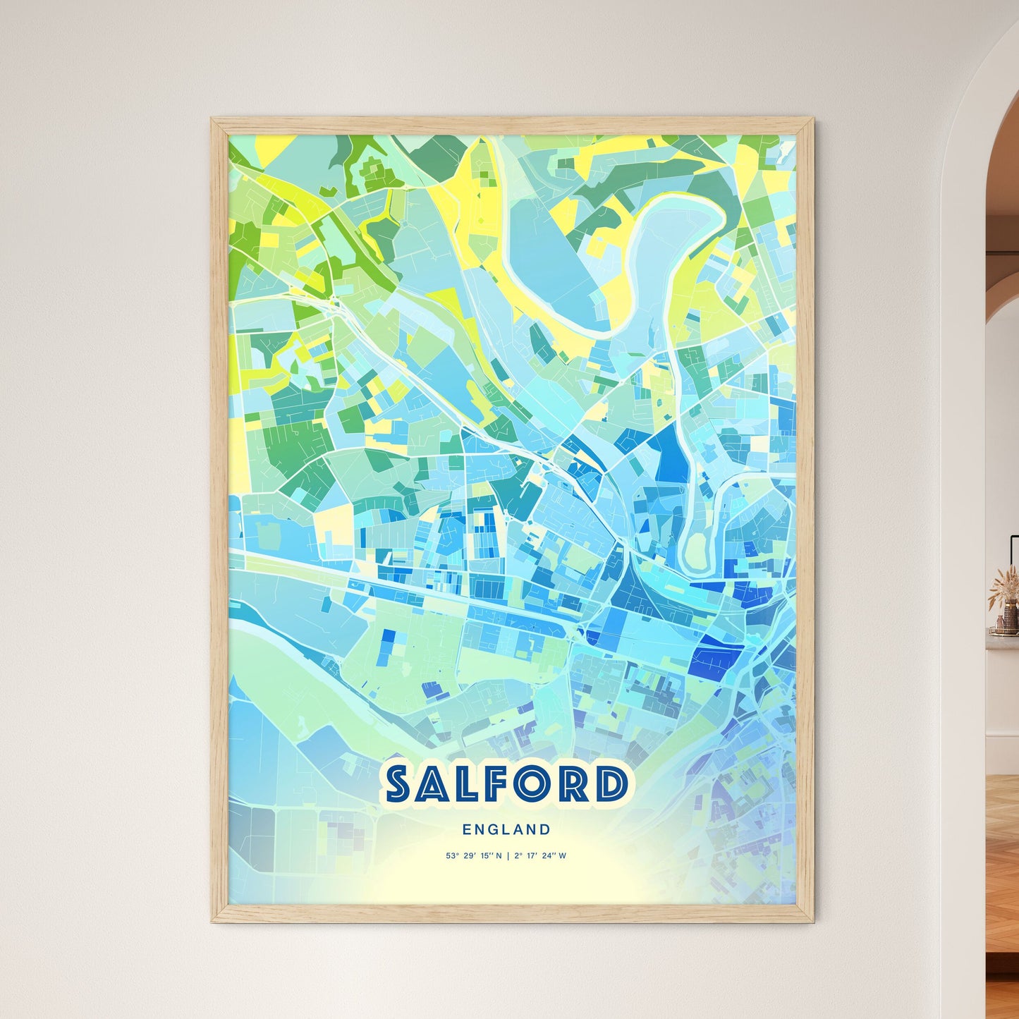 Colorful SALFORD ENGLAND Fine Art Map Cool Blue