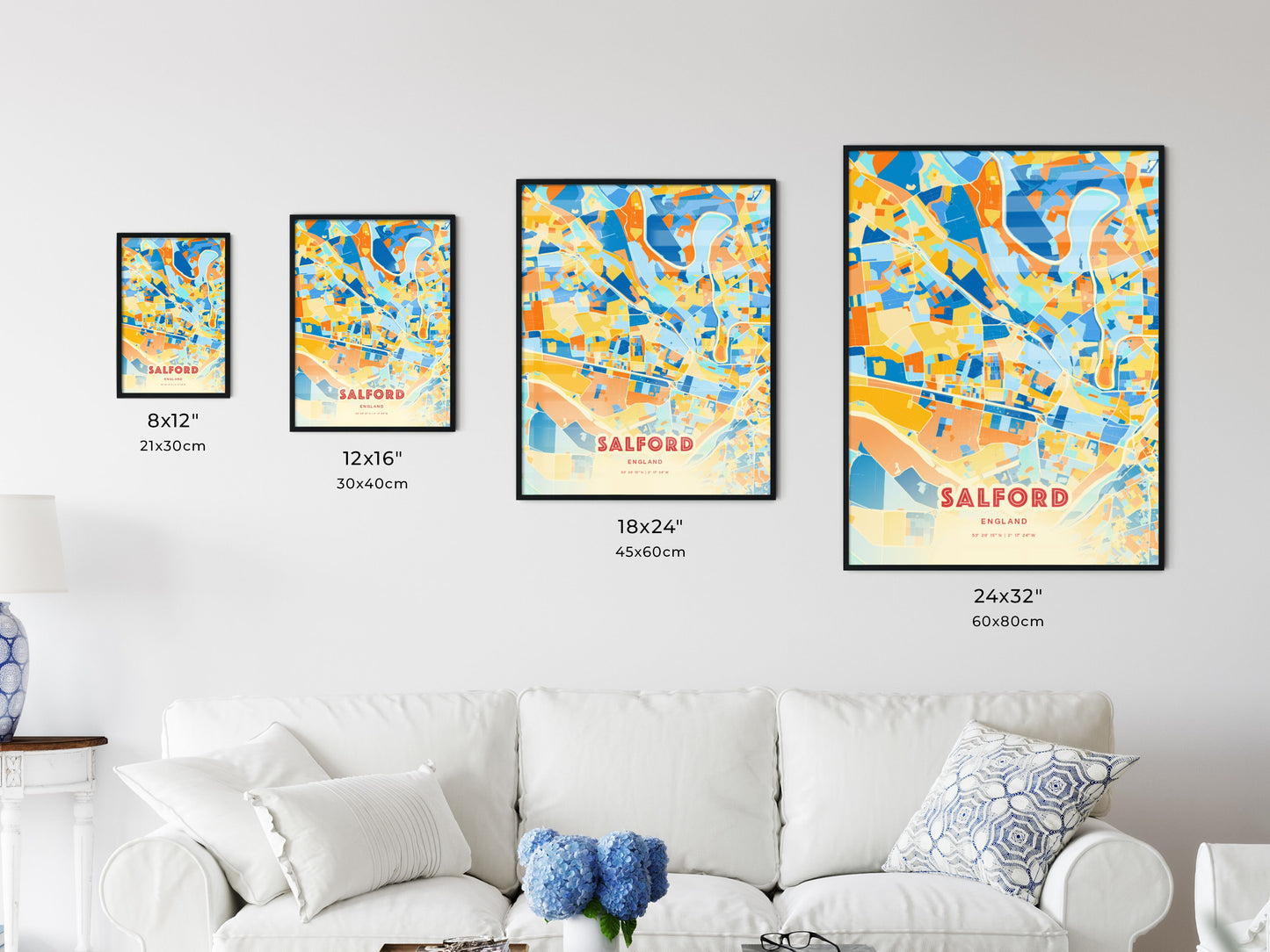 Colorful SALFORD ENGLAND Fine Art Map Blue Orange