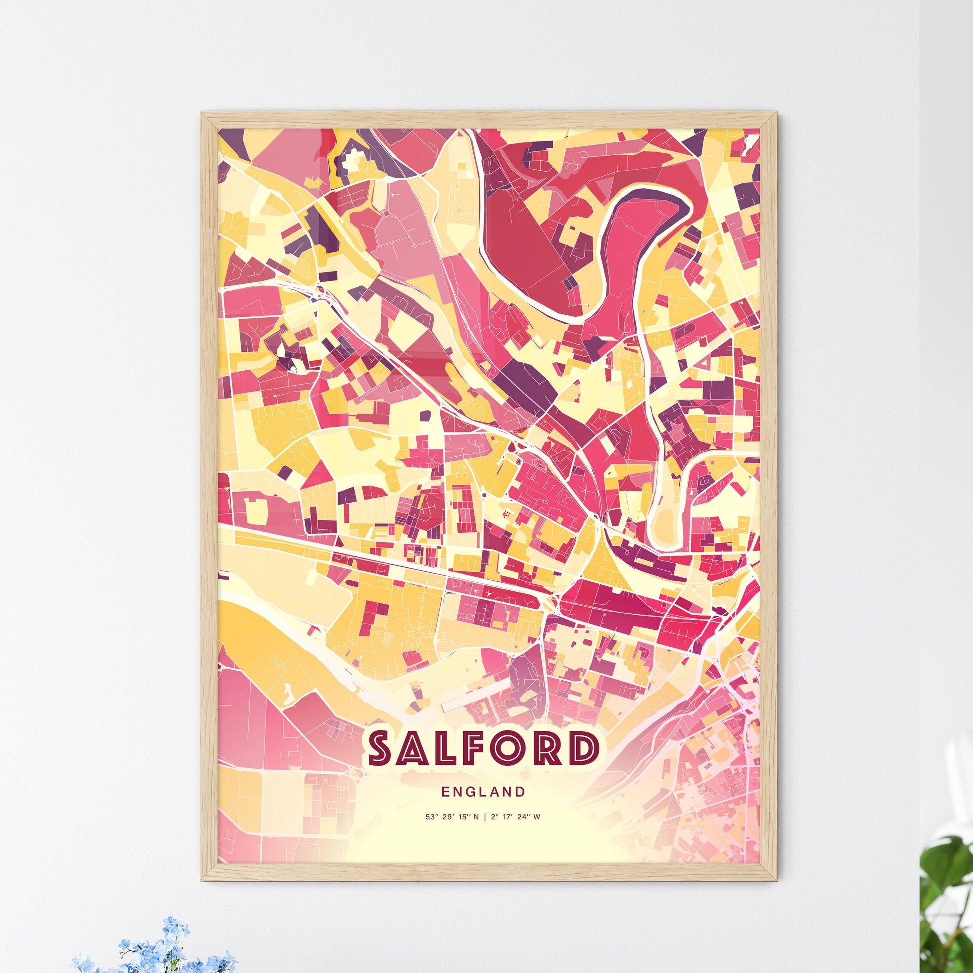 Colorful SALFORD ENGLAND Fine Art Map Hot Red